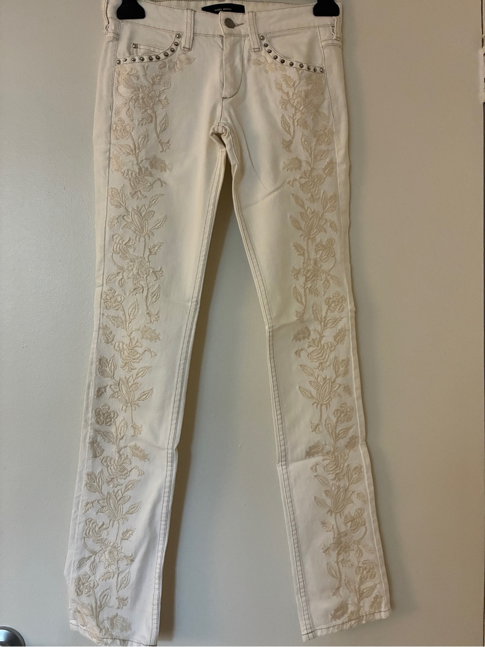 Isabel Marant Collection White Straight Leg Jeans with Beige Floral Embroidery